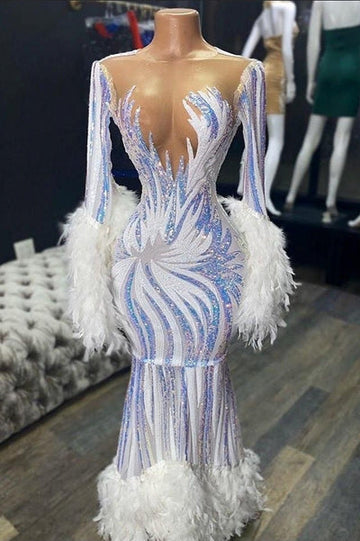 ILLUSION NECK LONG SLEEVES LUXURIOUS FUR SEQUIN MERMAID PROM DRESS HZ1023